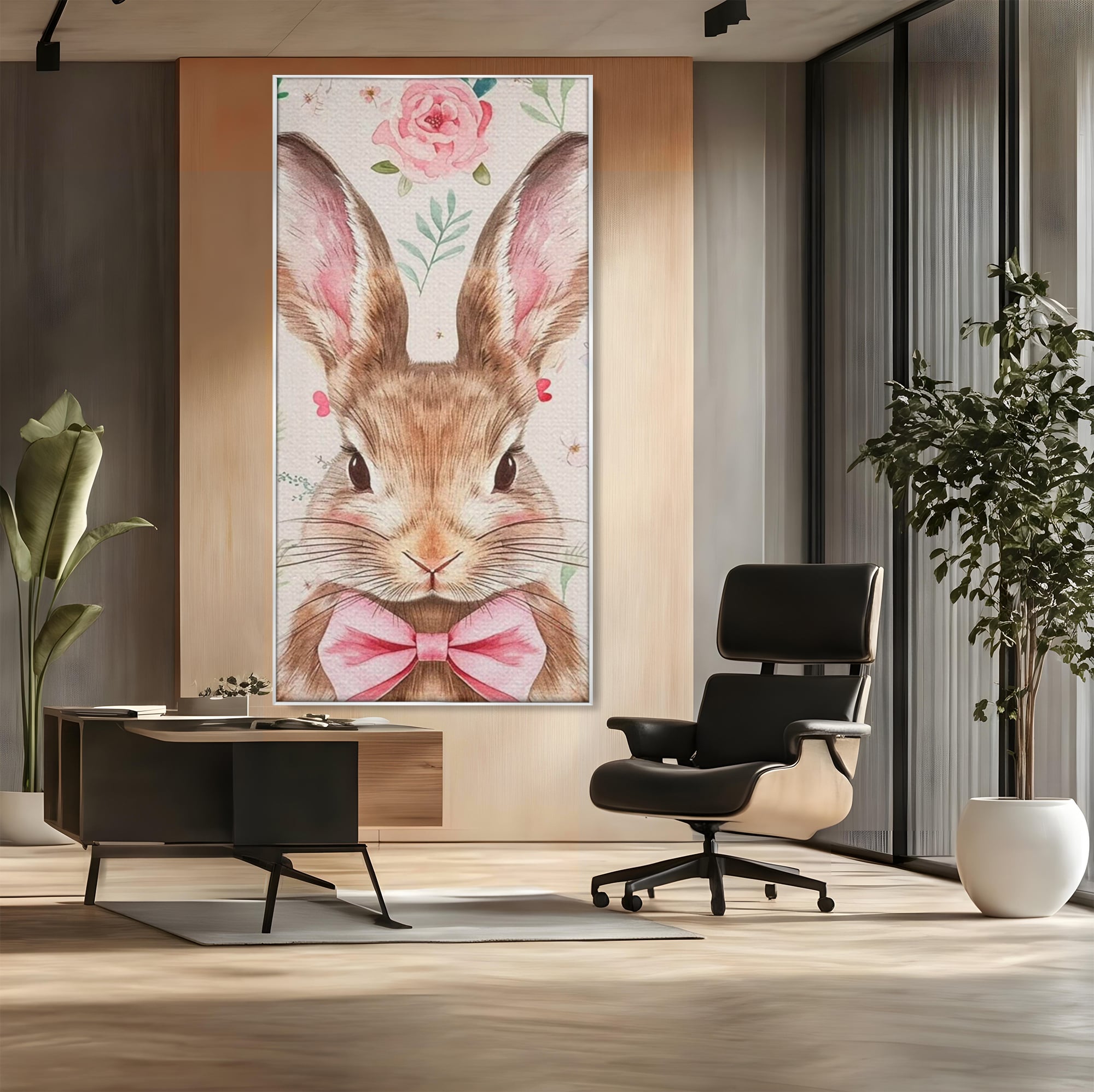 Tablou canvas cu tablou canvas cu iepure dandy, in rama de aluminiu argintiu, pe perete intr-un birou